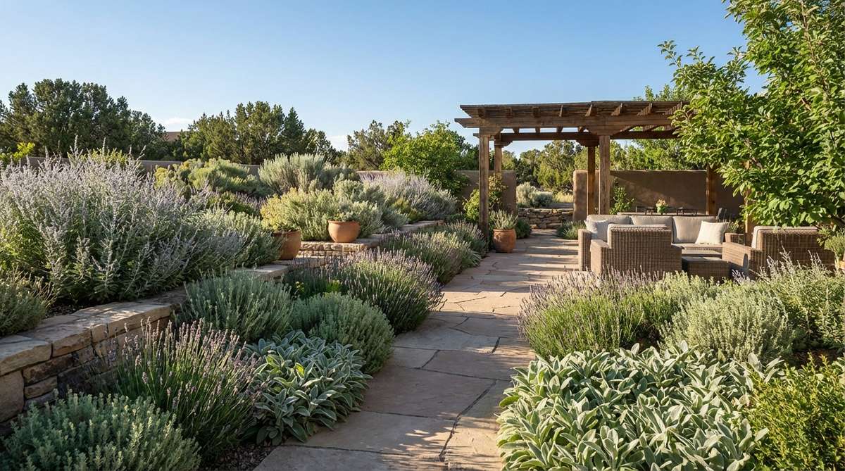 A textural tapestry of silver-toned plants including sage, curry plant, and lamb's ear arranged in natural drifts to create a cooling visual effect in Mediterranean garden design.