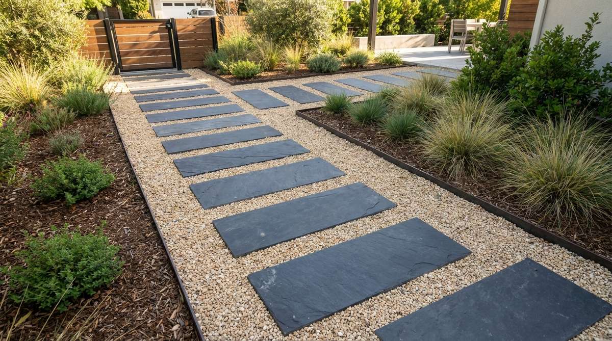 A garden pathway featuring dark rectangular slate slabs elegantly placed over light-colored pea gravel, creating a striking contrast. The smooth slate surfaces are elevated to prevent gravel migration, with metal or plastic borders edging the path. This contemporary design offers visual interest year-round, ideal for modern gardens.