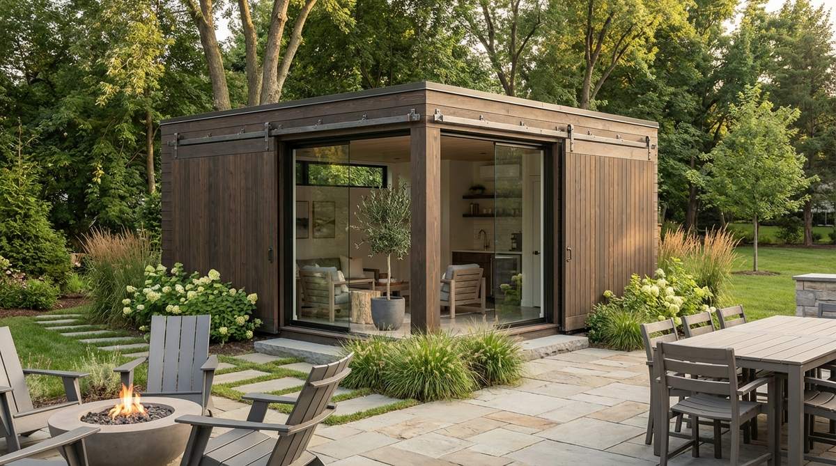 A modern garden shed with retractable Douglas fir outer walls that slide open on industrial tracks to reveal an interior glass structure, creating a flexible pavilion space for year-round use.