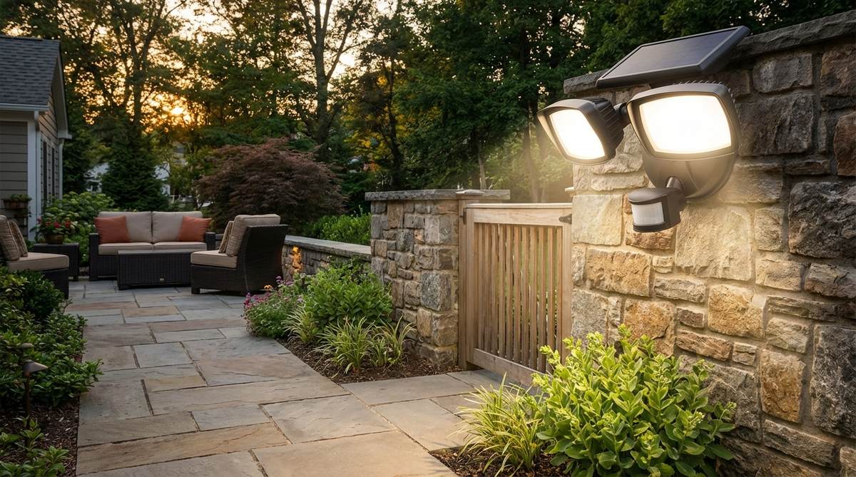High-output solar floodlights mounted on a garden wall, providing 300-500 lumens of broad-area illumination for patios and entry zones. The fixtures feature motion sensors to trigger full brightness only when activity is detected, with adjustable detection range to minimize false activations.
