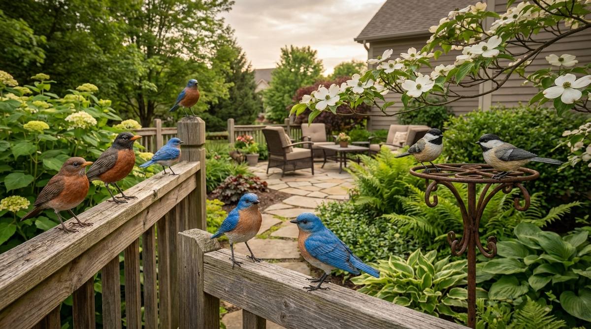 A set of realistic resin songbird figurines including robins, bluebirds, and chickadees with wire legs for versatile placement on garden branches, railings, or decorative stands. This collection creates naturalistic groupings that mimic active bird habitats in garden decor.