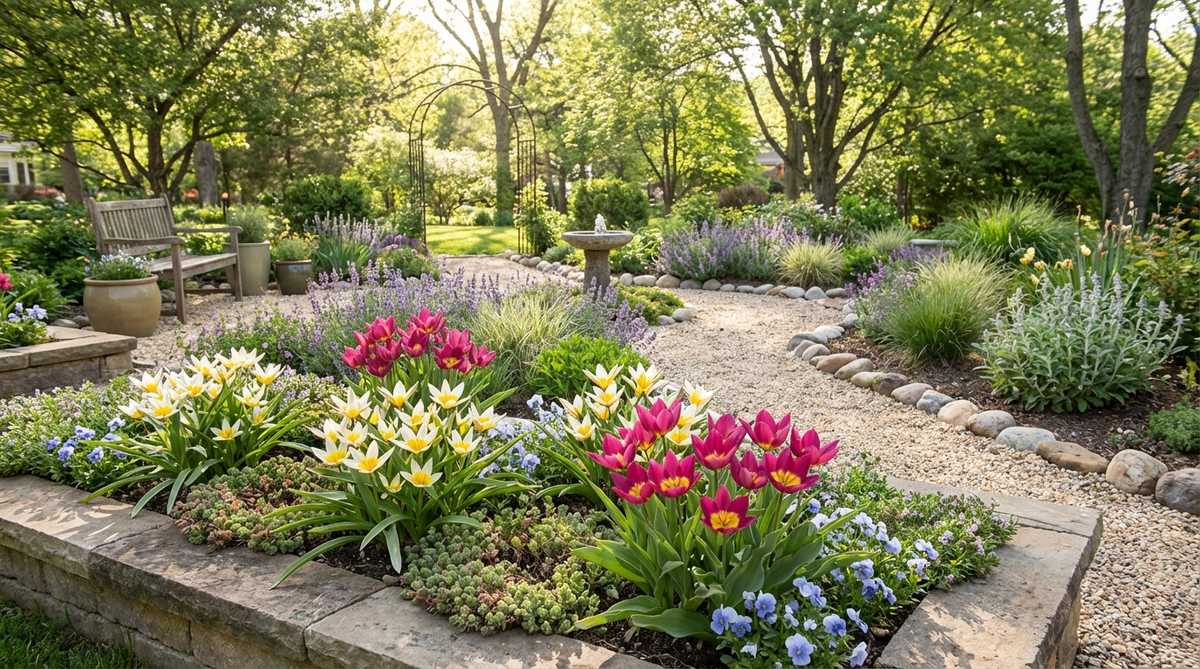 A close-up photo of compact species tulips blooming in a small garden setting, showing both Tulipa tarda with its star-shaped yellow and white flowers and Tulipa humilis 'Persian Pearl' with magenta-pink blooms and yellow centers, planted in well-drained soil with full sun exposure.