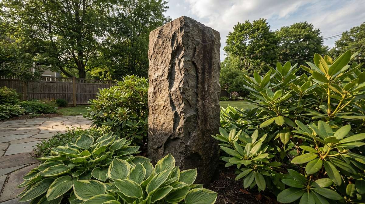 A stone garden obelisk with natural cleaved surfaces that expose the stone's internal structure while maintaining a rectangular form. The irregular texture catches light dramatically, creating depth through random faceting. Each face displays unique patterns from the splitting process, providing organic character within geometric boundaries. The rough texture contrasts effectively with smooth foliage like hostas or broad-leafed evergreens.