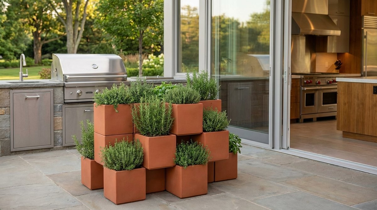 Minimal ceramic cube planters stacked like building blocks in a sculptural grid arrangement, perfect for growing Mediterranean herbs like rosemary and thyme in a contemporary kitchen setting with stainless appliances.