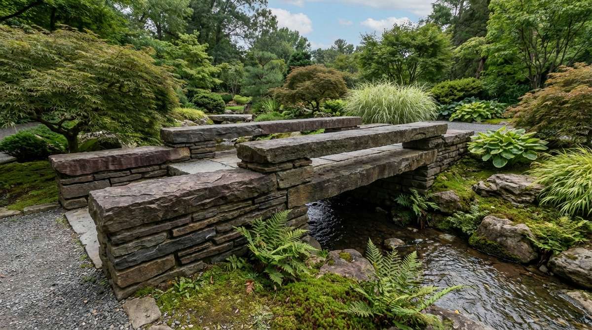 A zen garden bridge constructed using stacked stone beams with mortared joints, featuring multiple layers of 6-10 inch thick stones to span irregular creek widths. The recessed mortar joints emphasize individual stones while maintaining a traditional Japanese dry-stacked appearance.