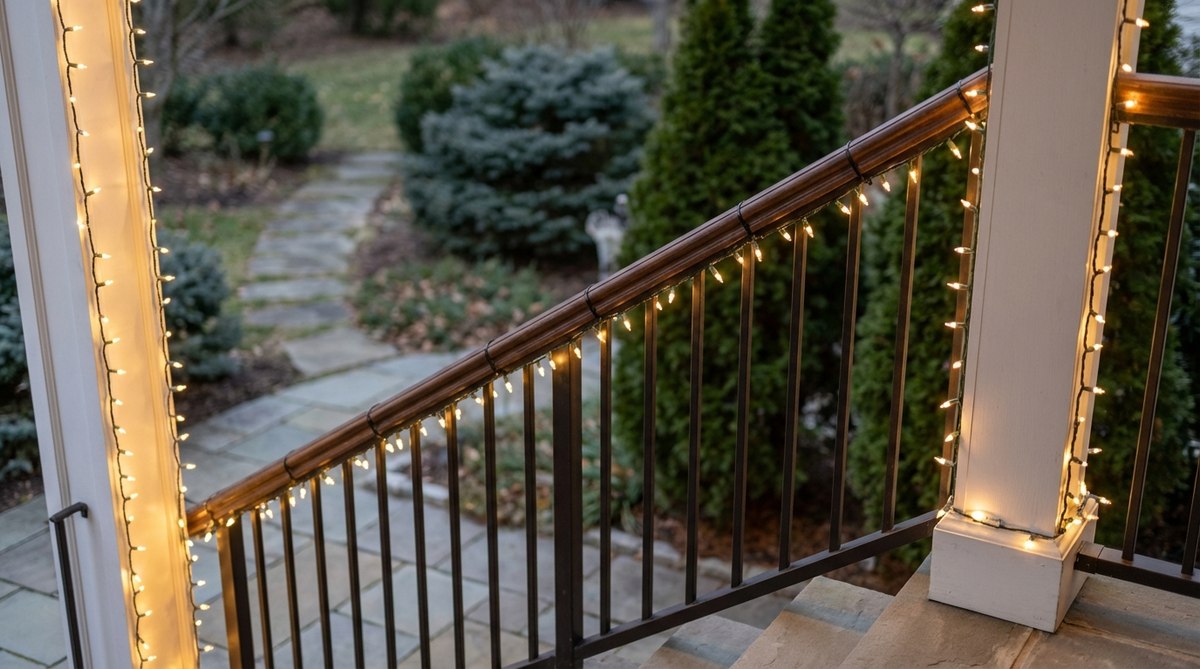 A close-up view of Christmas lights woven through the railings of an outdoor staircase or porch, showcasing how the horizontal lighting guides visitors and adds visual warmth to the holiday decor. The lights are securely attached under the top rail with zip ties for a professional finish, complementing vertical column treatments to frame the outdoor space.