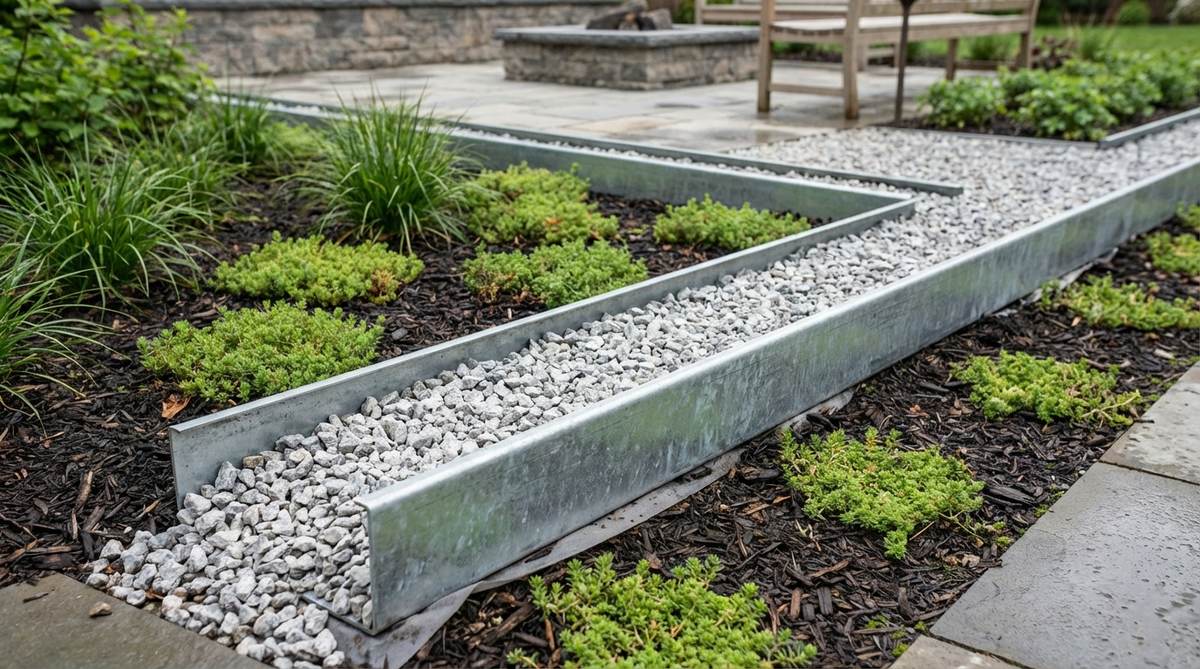 A close-up view of U-channel steel profiles installed as pathway borders in a modern garden, containing gravel or crushed stone with clean, straight edges. The galvanized steel prevents rust and maintains alignment, paired with landscape fabric to suppress weeds, showcasing an industrial aesthetic suitable for contemporary landscapes.