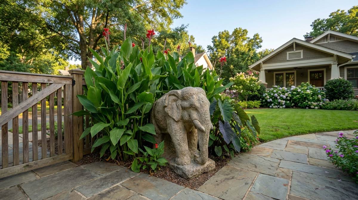 A stone elephant sculpture carved from granite or sandstone, symbolizing wisdom, prosperity, and stability. It serves as a focal point in garden settings, often positioned near entrances or in corner beds, paired with bold tropical foliage like cannas or elephant ears for thematic cohesion.