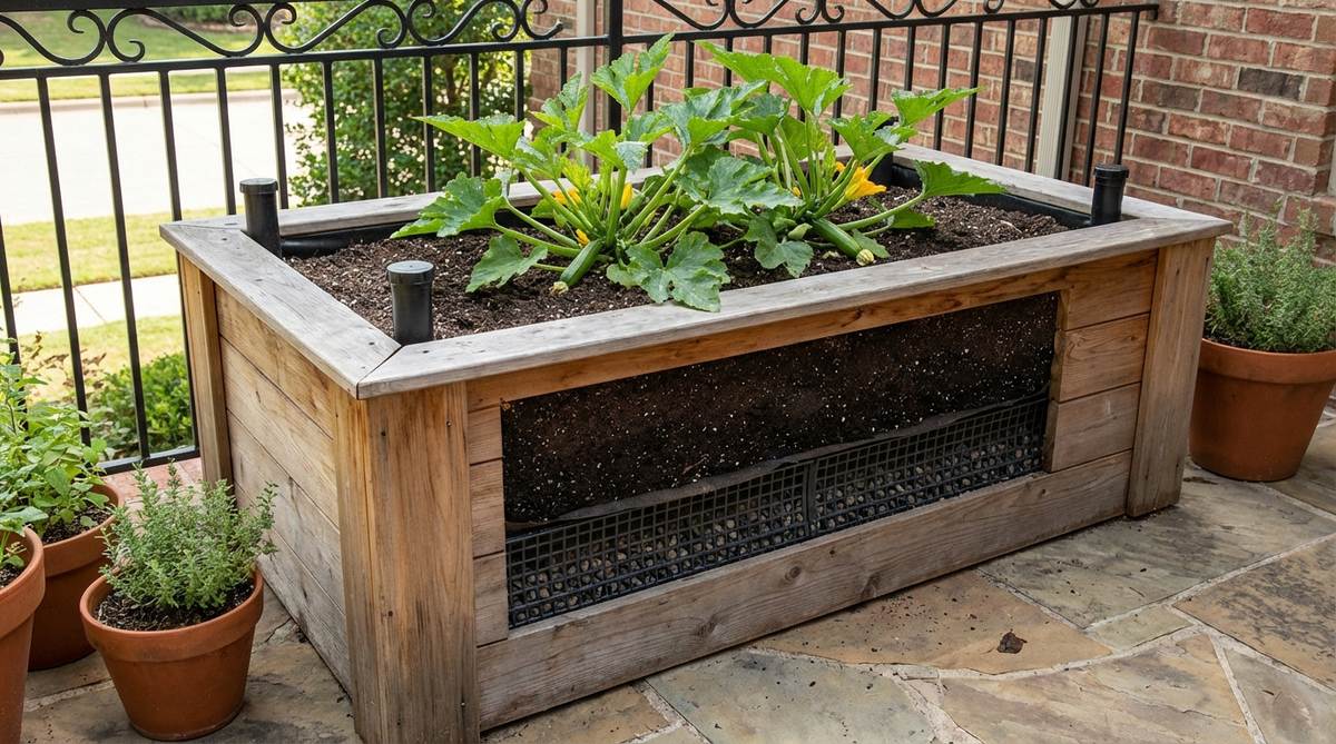 A balcony garden box with a sub-irrigation system, featuring built-in water grids that deliver moisture from below to keep foliage dry and reduce fungal diseases like powdery mildew on plants such as zucchini. The setup includes fill tubes for easy refilling, a pea gravel layer in the reservoir, separation fabric, and growing medium.