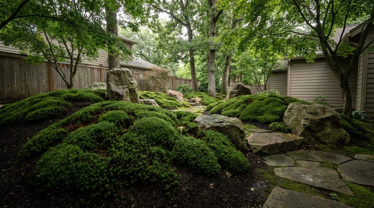 A serene Japanese stone garden scene featuring undulating soil mounds densely carpeted with Polytrichum juniperinum (sugi-goke) moss, creating miniature mountain ranges with vertical texture resembling coniferous forests. Rocks are sporadically positioned to represent cliff faces or exposed peaks, set in part-shade conditions ideal for moss cultivation in shaded courtyards.