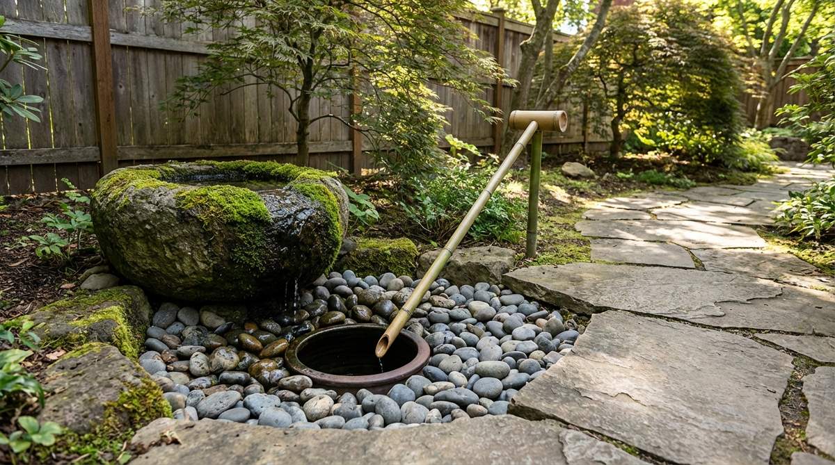 A detailed illustration of a suikinkutsu, an underground echo chamber in Japanese garden design, showing an inverted ceramic pot buried beneath a drainage area to create resonant bell-like tones from dripping water, with a bamboo tube extending to the surface for listening, positioned under a tsukubai or stepping stone path to reward attentive visitors with ethereal sounds.