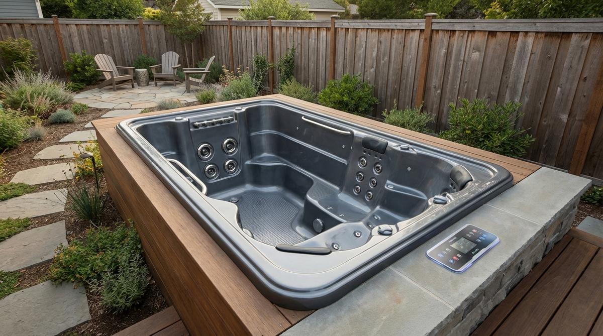 A compact swim spa with powerful resistance jets installed in a small garden, featuring dual zones for swimming and hydrotherapy with digital controls for temperature and pressure adjustment.