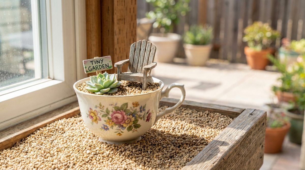 A vintage teacup transformed into an ultra-small miniature garden, featuring a single succulent and tiny accessories like a miniature chair or garden sign, set on a base of fine gravel or decorative sand. This compact design is ideal for desk decorations or windowsill collections, showcasing detailed scaling and precise placement for close viewing.