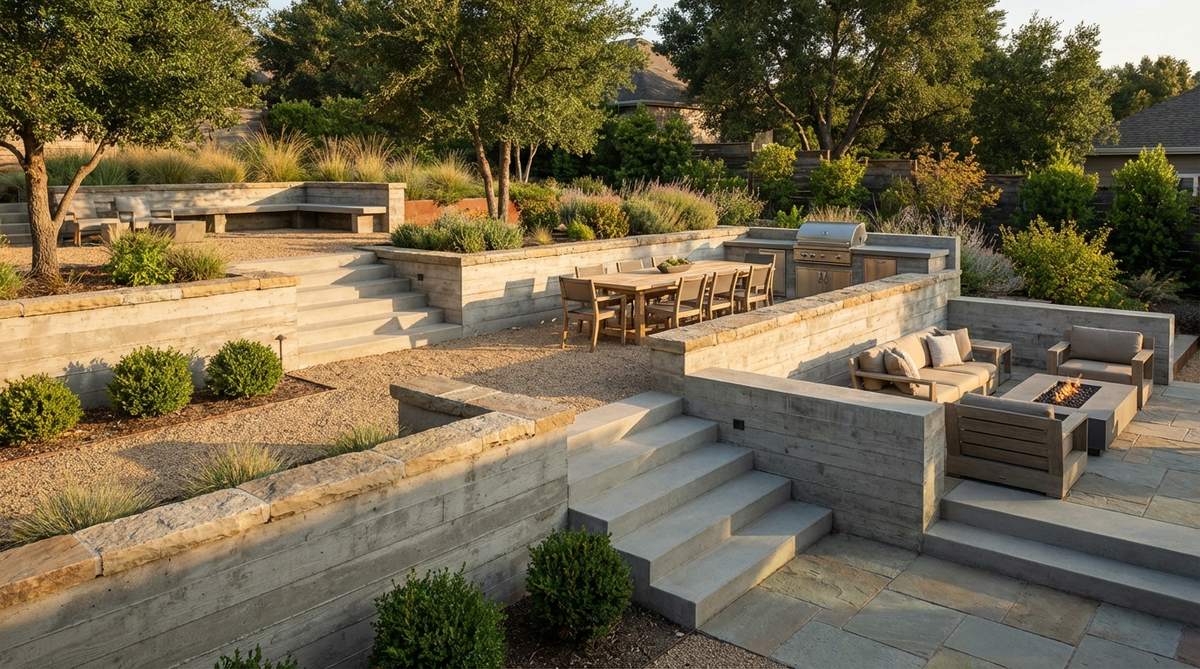 A modern garden featuring terraced platform levels with multiple horizontal planes connected by minimal steps, creating distinct functional zones for dining, lounging, and planting. The design includes board-formed concrete retaining walls and terrace edges capped with thick stone to create natural seating areas.