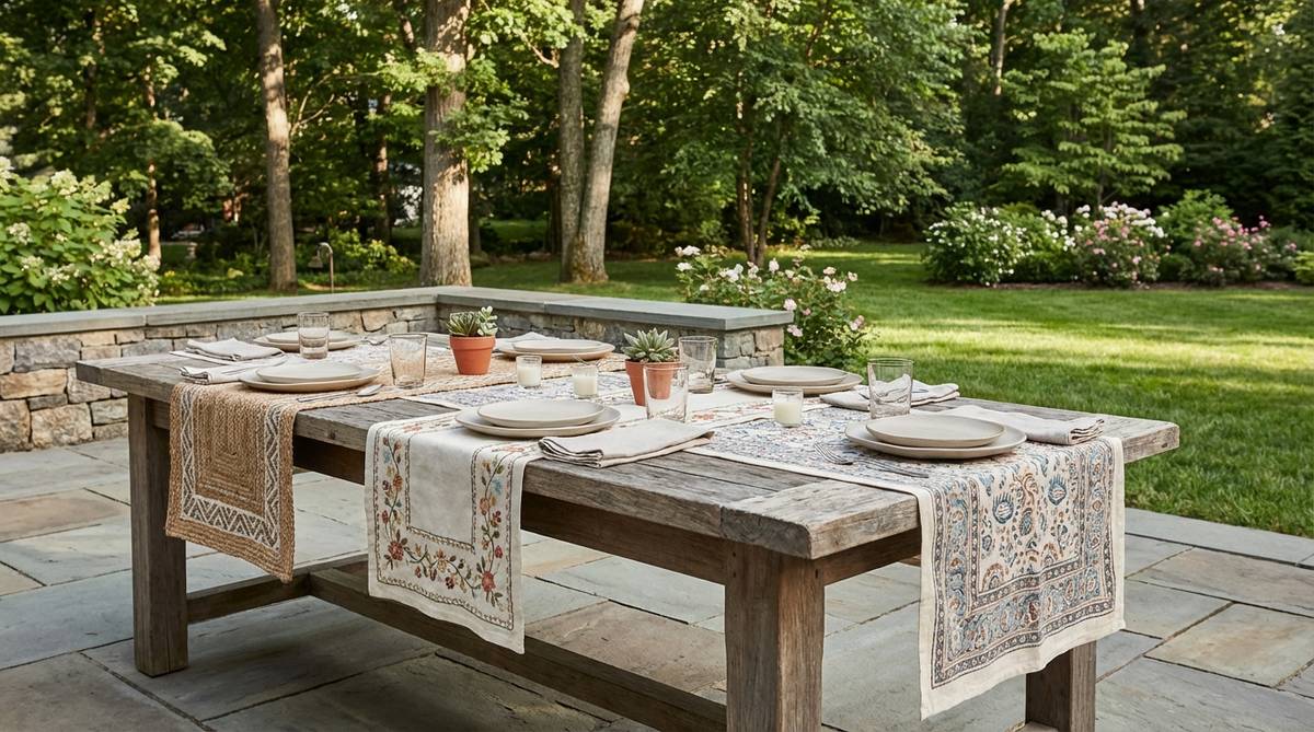 Layered boho textile table runners in complementary patterns on a dining table, featuring woven jute, embroidered cotton, and block-printed textiles for birthday party decor. The natural wood table surface shows through, adding color and pattern while being easy to launder after outdoor use.