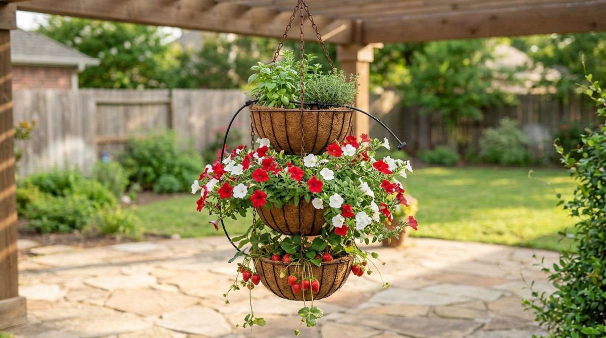 A vertical arrangement of wire baskets in descending sizes, lined with coco fiber and hung on a single chain, showcasing herbs, annual flowers, or strawberries in a compact outdoor space. This setup demonstrates efficient drip-feed watering and simplified maintenance for tiered gardens.
