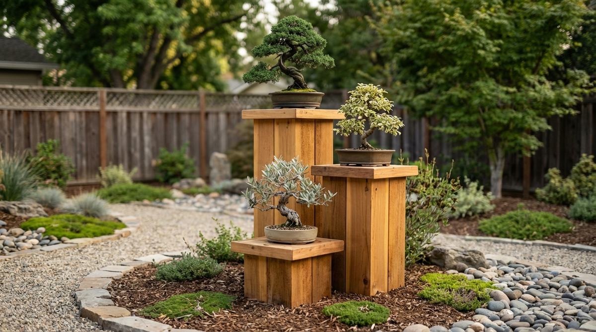 A three-tiered wooden pedestal tower arranged in a corner, featuring graduated heights of 12, 24, and 36 inches to create a spiral display of bonsai trees. Includes a dark green juniper at the top, variegated Chinese Elm in the middle, and silvery Olive at the bottom, optimizing space in a zen garden setting.