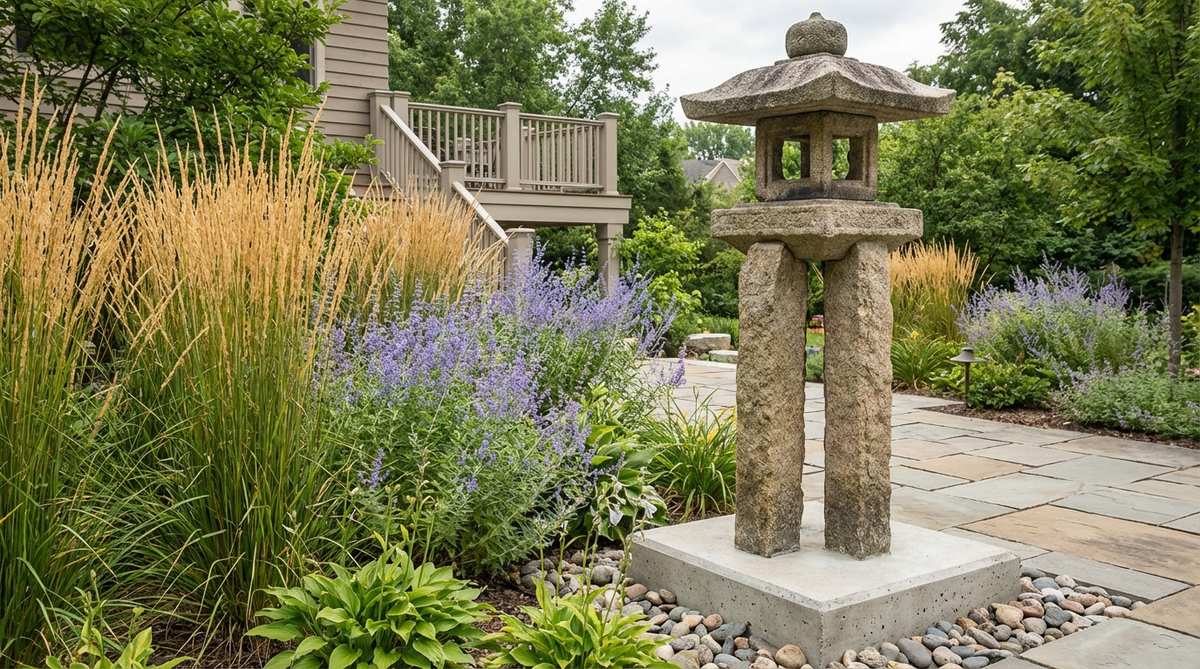A stone garden lantern featuring the Toro-no-Ashi tall leg pedestal, with exceptionally long posts that elevate the fire box to eye level or higher. Originally designed to light elevated temple platforms, this lantern is ideal for modern installations to clear tall perennial borders or grasses. Position it to align with second-story views or terrace sight lines, ensuring secure installation with buried post extensions or concrete footings to prevent wind damage.