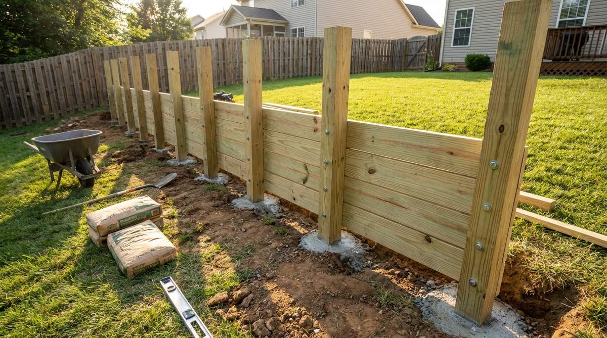A detailed illustration showing the construction of a treated pine post-and-board retaining wall for small gardens. The image depicts vertical pressure-treated posts set in concrete footings with horizontal boards attached between them using galvanized bolts, featuring small drainage gaps between boards. This modular timber wall resembles sturdy fencing and demonstrates an accessible construction method suitable for novice builders.