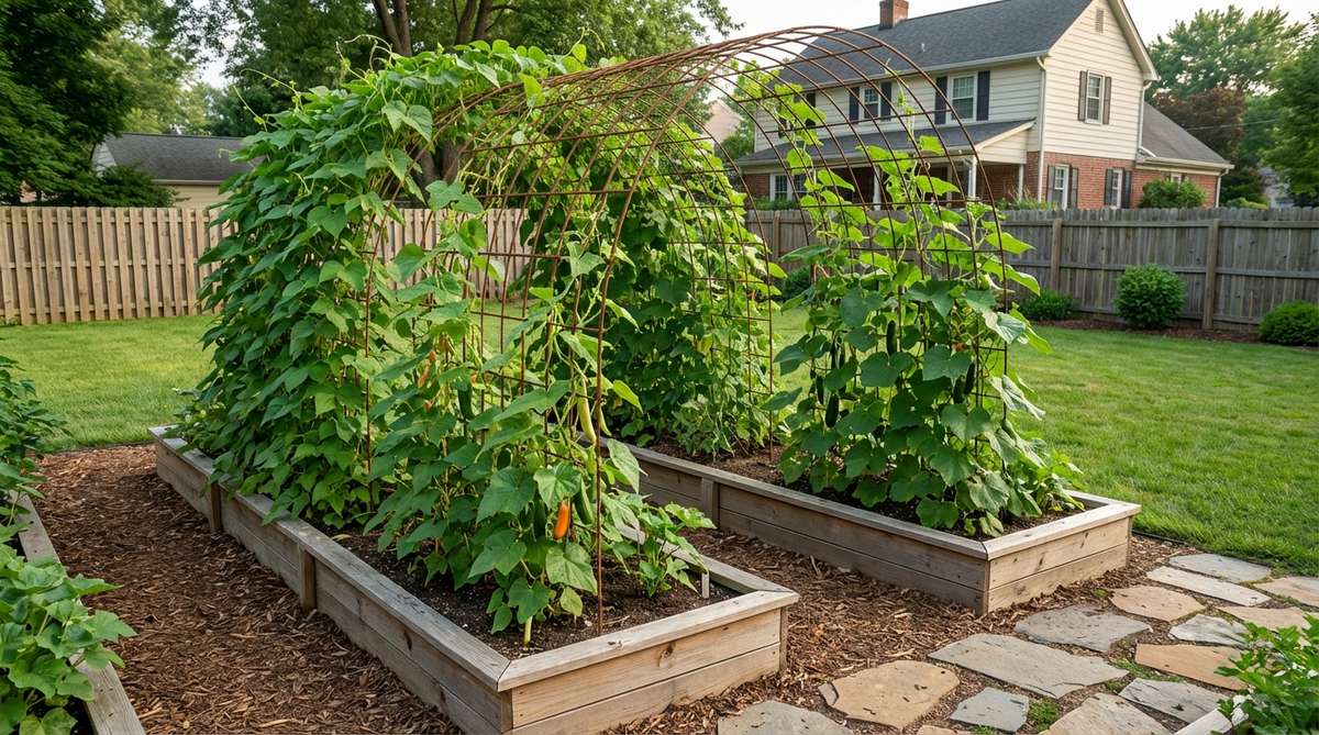 An illustration of a trellis arch corridor in a mini garden bed, featuring two narrow parallel beds with arched trellis hoops creating a tunnel effect, planted with climbing vegetables like pole beans and cucumbers, showcasing vertical gardening and efficient space use.