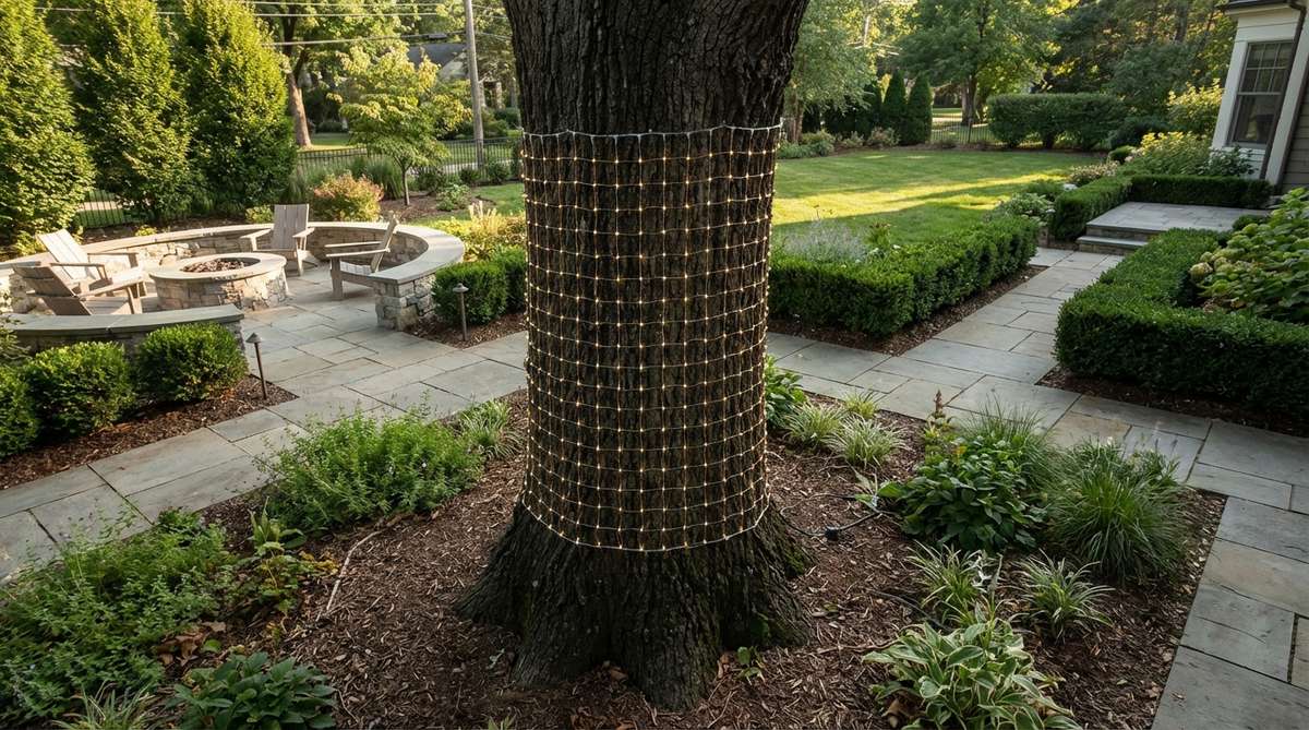 A pre-fabricated net light measuring 2 feet by 6 or 8 feet, designed for easy wrapping around tree trunks to create uniform grid patterns without sagging or slipping, reducing installation time by 70% compared to hand-wrapping.
