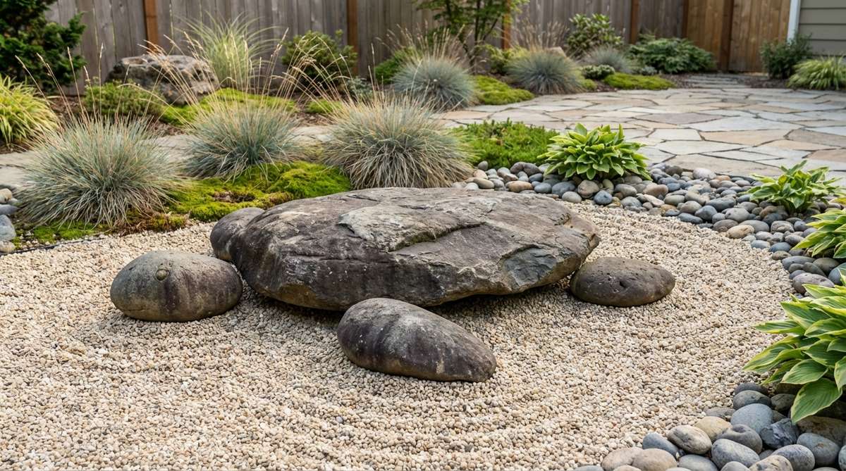 A zen garden arrangement featuring four stones positioned to resemble a turtle swimming through water, with a flat boulder as the shell and three smaller stones for the head and flippers, symbolizing longevity and wisdom.