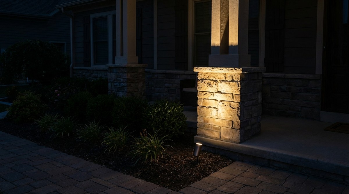 Ground-mounted outdoor lighting fixture positioned near the base of a porch column, casting dramatic upward illumination that creates shadows and emphasizes the vertical architectural element. The narrow beam angle focuses light on the column without spilling onto surrounding areas, enhancing the porch's nighttime curb appeal.
