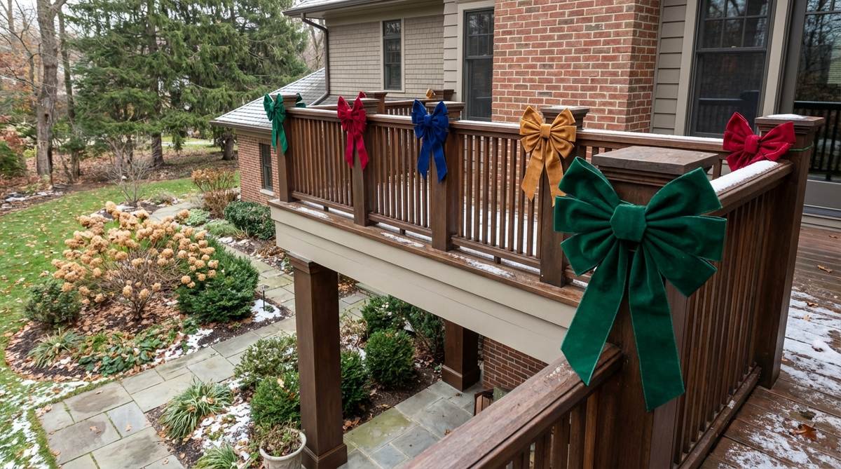 Large velvet bows in jewel tones or metallics attached to balcony railing posts for elegant Christmas decor. Weatherproof velvet alternatives maintain appearance through rain and snow exposure. Bows are constructed with six to eight-inch loops for appropriate scale on standard railings, secured with floral wire and positioned at corners and major vertical posts to frame railing sections.