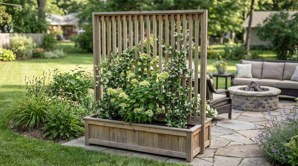 A freestanding vertical slat screen with an integrated planter base, featuring a 6-foot trellis made of cedar or composite materials spaced 3-4 inches apart, planted with climbing hydrangeas, wisteria, or star jasmine for privacy and mobility in small gardens.