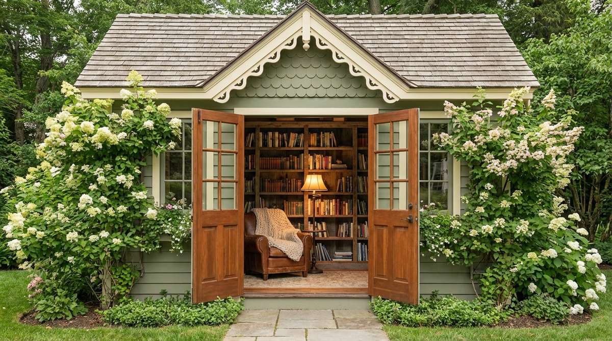 A cozy Victorian-style garden shed transformed into a library, featuring ornate gingerbread trim, sage green and cream exterior paint, floor-to-ceiling reclaimed wood bookshelves, a vintage armchair with a wool throw blanket, an antique reading lamp, and climbing hydrangeas framing the entrance.