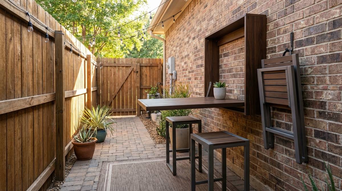 A contemporary wall-mounted flip-down table with matching low-profile stools, ideal for narrow side yards or apartment patios. The space-saving design features a fold-down tabletop with concealed brackets and stools that slide underneath or hang on wall hooks when not in use, creating a functional micro dining bar or buffet station.