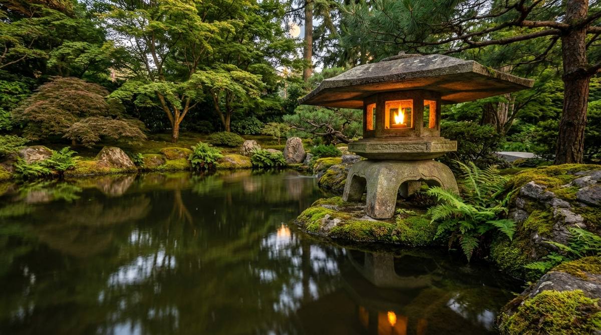 A Japanese garden lantern with exaggerated roof overhangs, designed for waterside placement to maximize reflection of flame and moonlight across pond surfaces and moss beds.