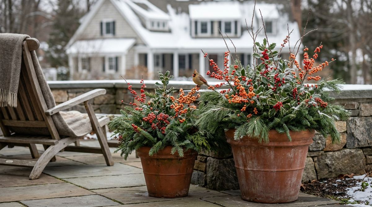 Vibrant red and orange winter berry branches from holly, cotoneaster, or pyracantha, arranged in outdoor planters with evergreen boughs, providing food for birds and natural color in winter decor.