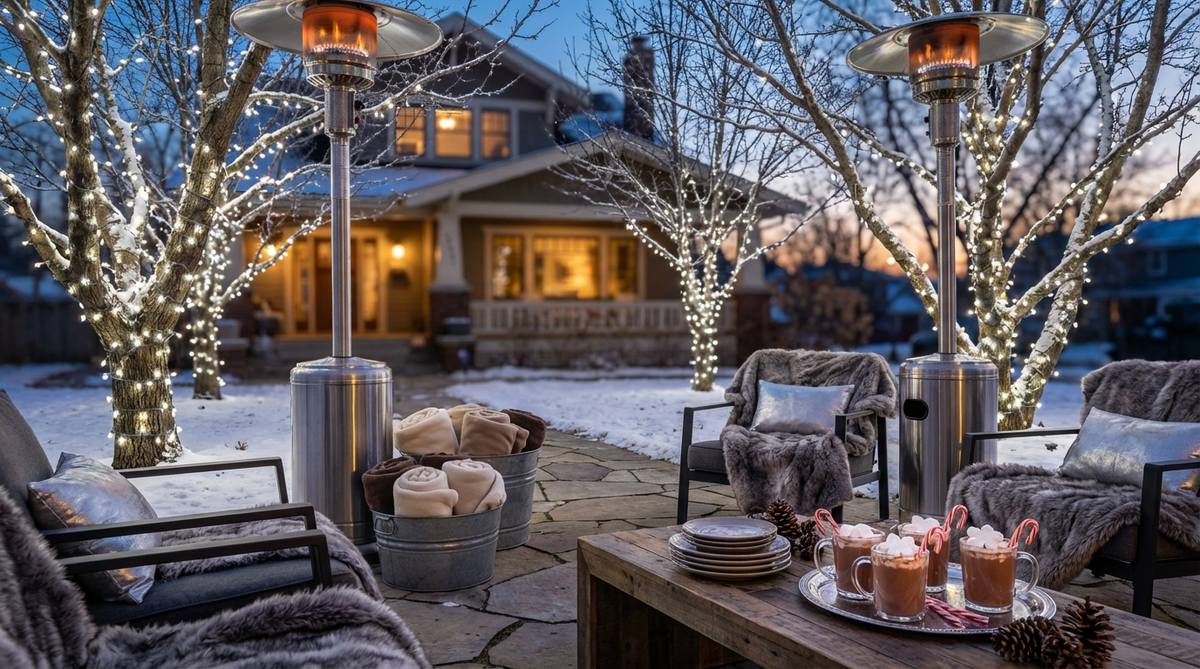 A minimalist winter garden party setup featuring white string lights wrapped around bare branches, faux fur throws, and metallic silver accents. Outdoor heaters and galvanized tubs with fleece blankets provide guest comfort, while clear mugs of hot chocolate with peppermint sticks and marshmallow snowflakes are served. The scene captures twilight ambiance at 4 PM, ideal for New Year's or holiday gatherings.
