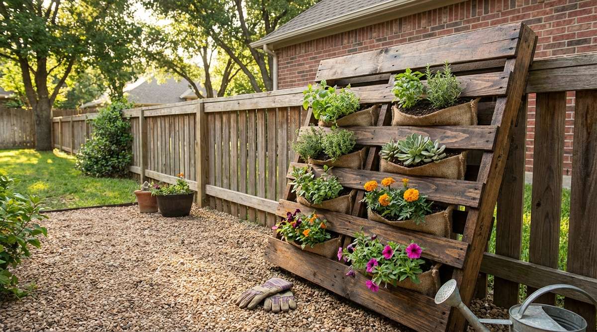 A rustic DIY wooden pallet vertical garden, treated with linseed oil for durability, with plants growing through slat gaps in soil-filled pockets, ideal for small garden spaces.