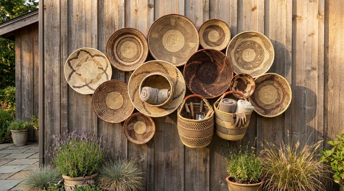 A collection of woven baskets in various sizes, patterns, and natural fiber tones, showcasing African basket-weaving traditions. These baskets are arranged on an exterior wall in a gallery-style grouping, used for storing items like throw blankets and garden tools, adding three-dimensional texture and visual rhythm with earth tones from pale straw to deep umber.