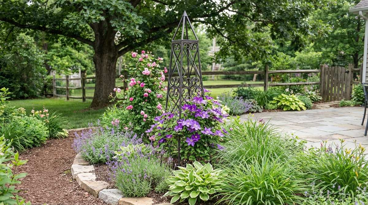 A wrought iron garden obelisk with decorative scrollwork and a pyramid top, used as an accent piece in a perennial border or container grouping, supporting climbing plants like clematis and roses.