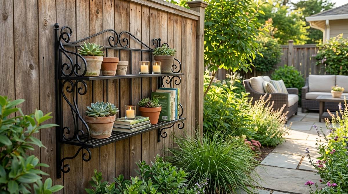 A black wrought iron wall shelf featuring decorative scrollwork or geometric patterns, styled with plants, candles, ceramics, and books in a boho decor setting.