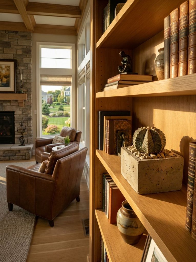 A geometric succulent, identified as Aztekium ritteri, is showcased in a brutalist concrete planter filled with limestone chips, placed on a wooden bookshelf in a sunlit living room with leather armchairs and a stone fireplace visible in the background.