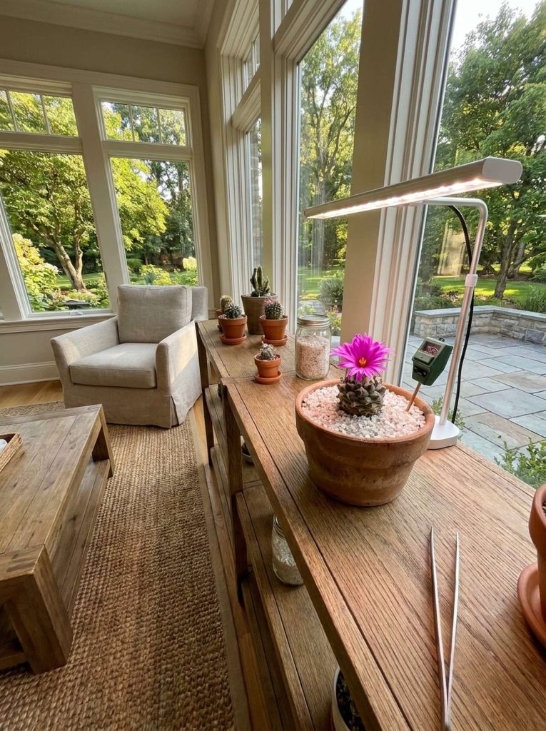 A close-up shot of a Turbinicarpus alonsoi cactus, also known as bizanguita, in a terracotta pot, showcasing a vibrant pink flower blooming. The cactus is planted in a pure quartz gravel substrate and placed on a wooden table under a grow light, with other miniature cacti and a moisture meter visible in the background. The setting appears to be a sunroom or solarium, with large windows offering a view of a lush green garden and natural light.