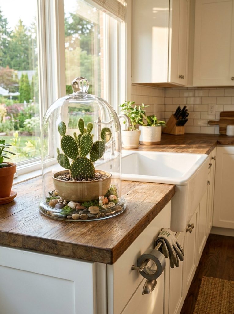 A Bunny Ears Cactus presented in a clear glass cloche on a wooden kitchen countertop near a sink, featuring small decorative stones and figurines at its base.