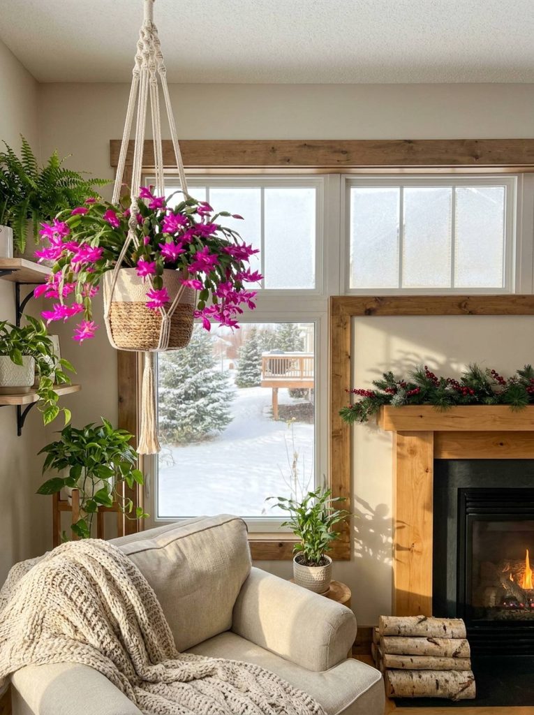 A vibrant Christmas cactus with neon magenta blooms is hanging in a macrame planter in a cozy living room. The cactus is positioned near a window with a snowy outdoor view and a fireplace.