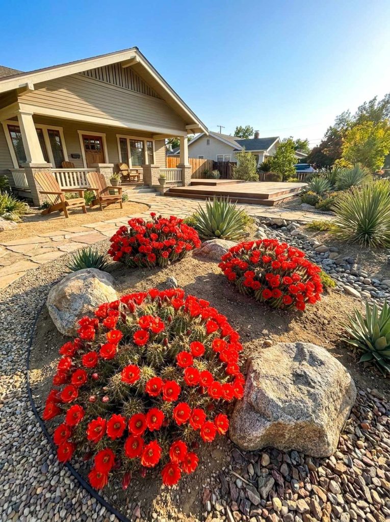 A cluster of Claret Cup Cactus in full bloom with vibrant red flowers, set in a xeriscape garden featuring large rocks, gravel, and agave plants in front of a classic house.