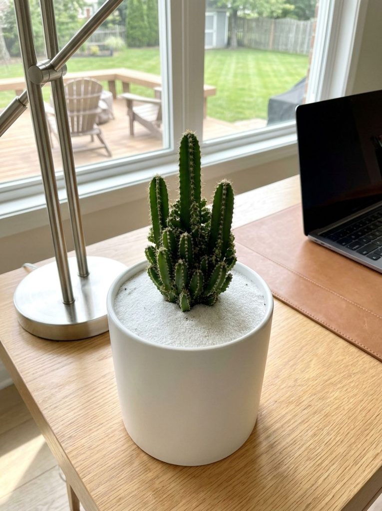 A small, multi-branched fairy castle cactus in a white ceramic pot filled with white silica sand, placed on a wooden desk next to a modern desk lamp and a laptop.