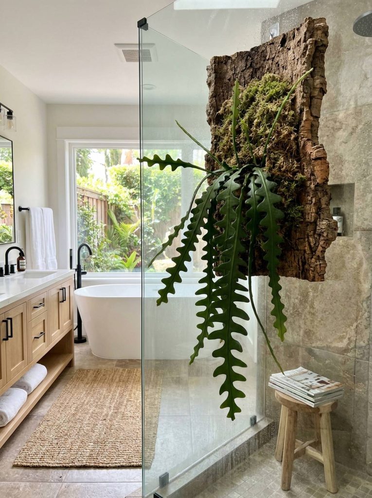 A fishbone cactus mounted on a piece of cork bark with sphagnum moss, displayed in a modern bathroom with a bathtub and vanity, thriving in the ambient humidity.