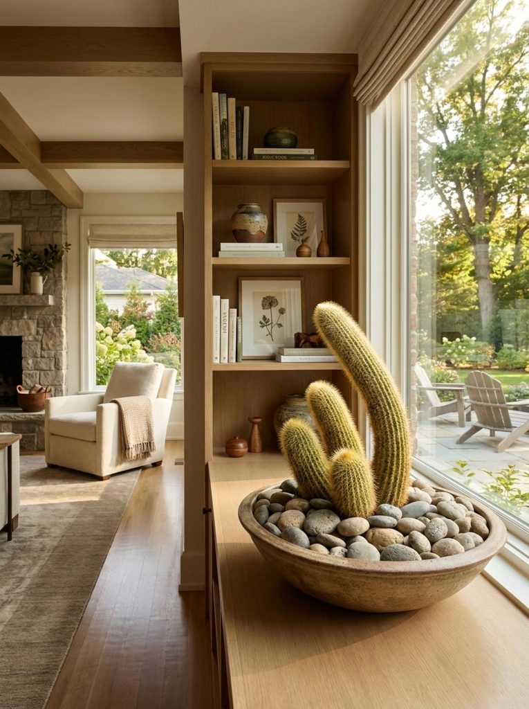 A clustered pot of golden ball cactus with soft, fuzzy spines, displayed in a wide shallow bowl filled with heavy river stones, placed on a wooden shelf next to a window overlooking a garden.
