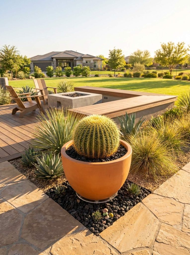 A large golden barrel cactus in a terracotta pot sits as a focal point in a modern desert-style patio landscape, surrounded by agave plants, ornamental grasses, and black lava rock.