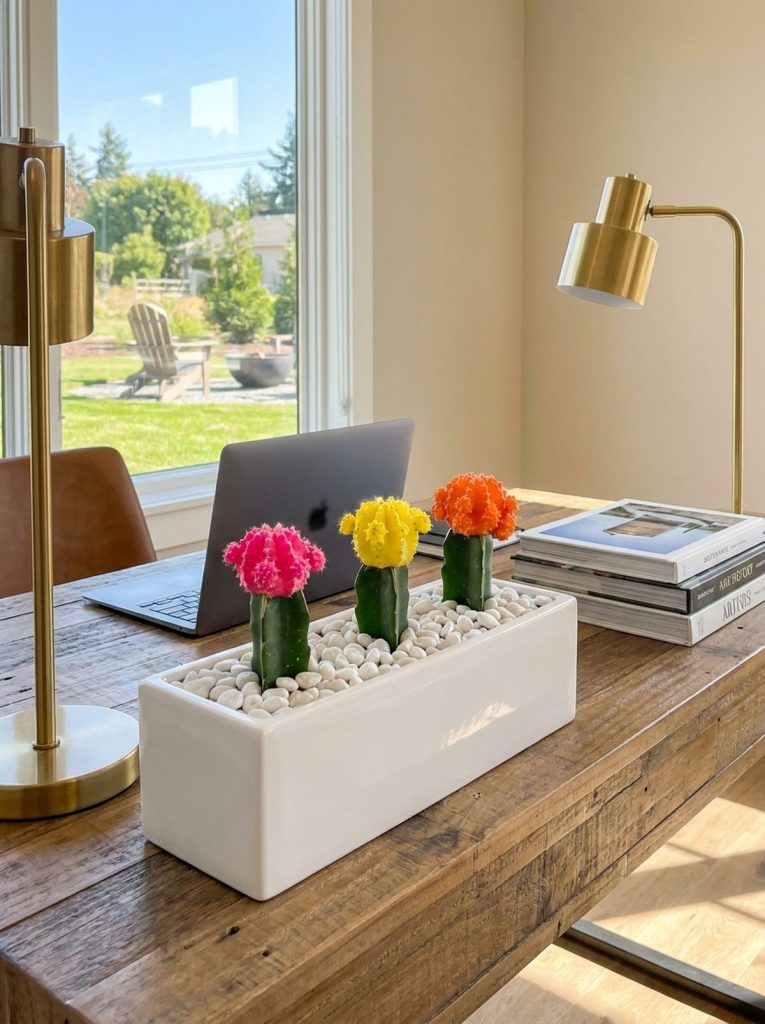 Three grafted moon cactus plants in vibrant neon pink, yellow, and orange colors, planted in a white rectangular ceramic trough filled with white pebbles, displayed on a wooden desk next to a laptop and lamps.