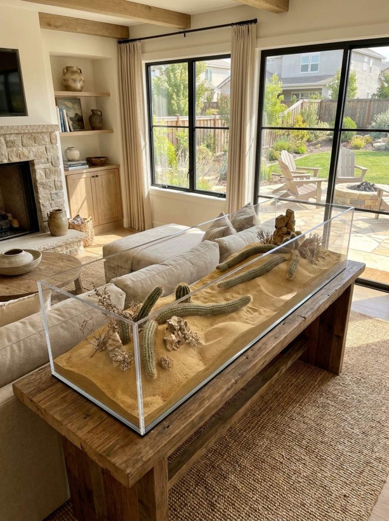 A horizontal crawling cactus display in a long, clear acrylic terrarium filled with fine desert sand, designed to mimic a desert landscape. The terrarium is placed on a rustic wooden table in a modern living room, with large windows overlooking a backyard garden. This setup is inspired by Haageocereus tenuis and features a diorama effect suitable for a high-end terrarium.