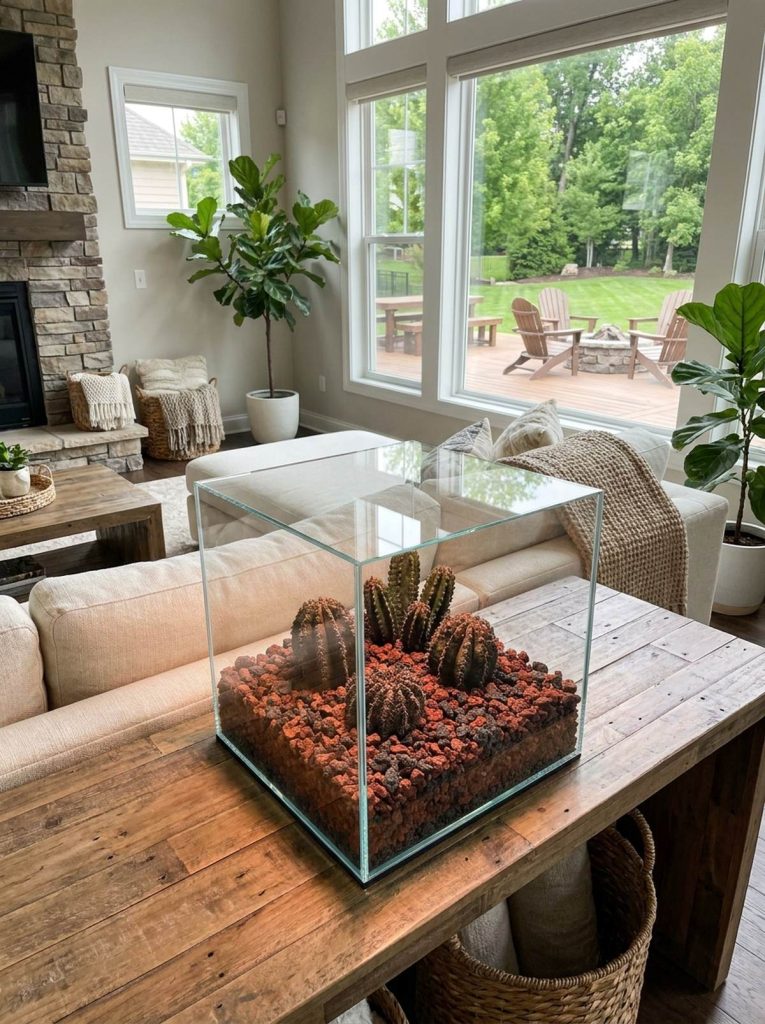A modern living room features a clear glass cube terrarium filled with several potted cacti nestled in red and black lava rock, placed on a rustic wooden coffee table. Behind the terrarium, a large sectional sofa faces a fireplace and large windows offering a view of a backyard with a patio, fire pit, and lush greenery.